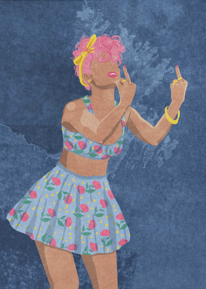 Stylized woman blue floral outfit poster with a stylized illustration of a woman with pink hair in a blue floral outfit
