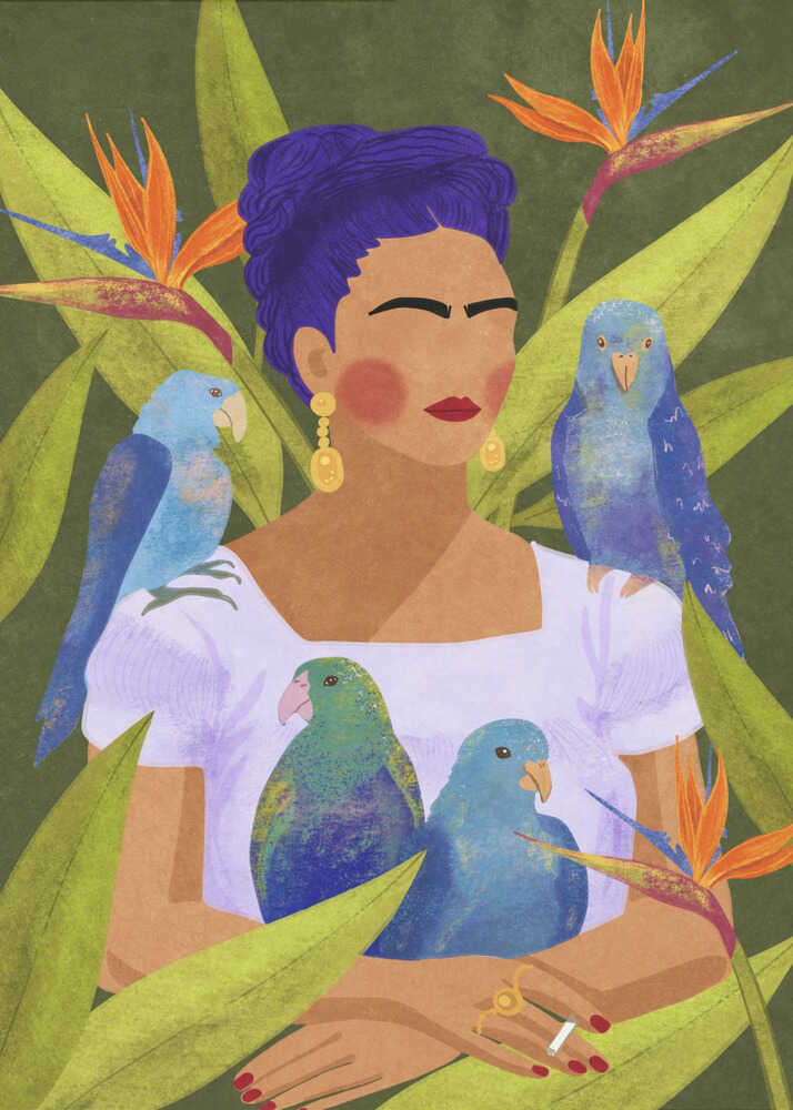 Stylized woman parrots tropical poster with a stylized illustration of a woman with purple hair surrounded by colorful parrots and tropical flowers