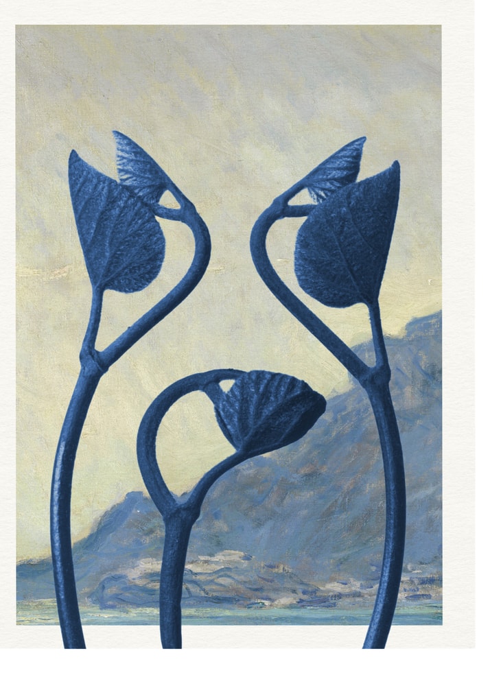 Surreal blue plants landscape poster with a surreal painting of blue plant stems with leaves against a hazy mountain landscape