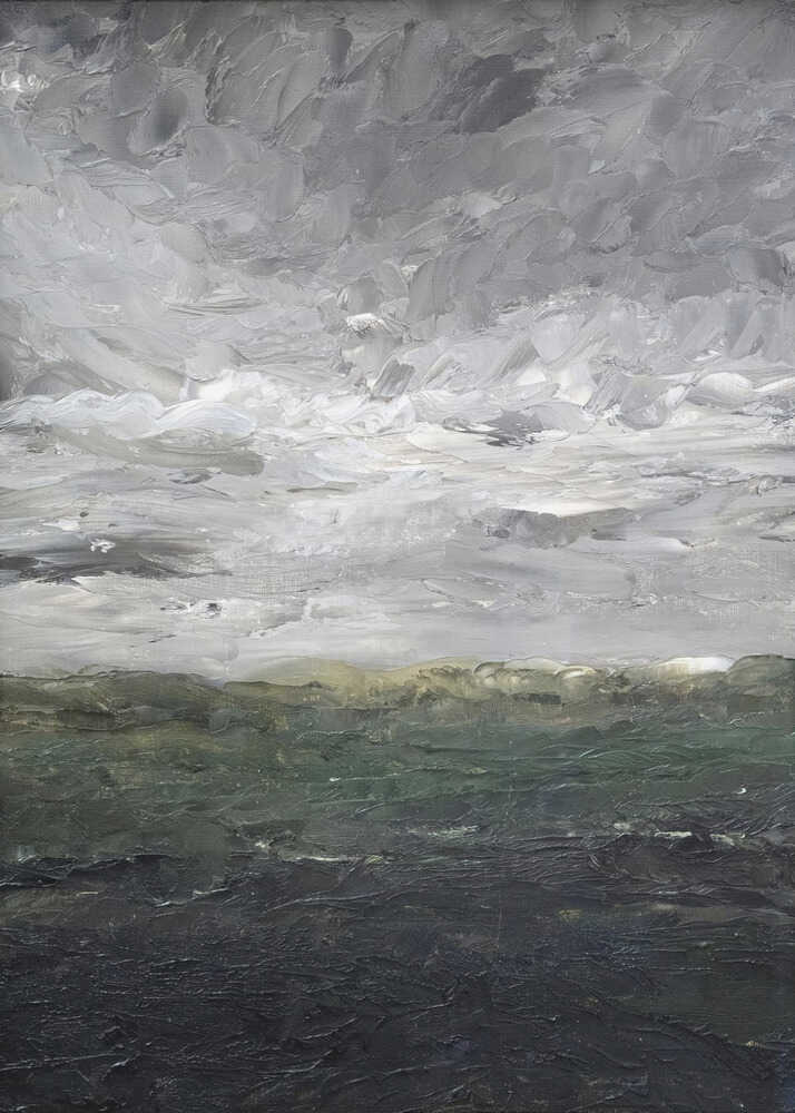 Textured cloudy seascape painting poster with a textured impasto landscape of heavy gray clouds over dark water