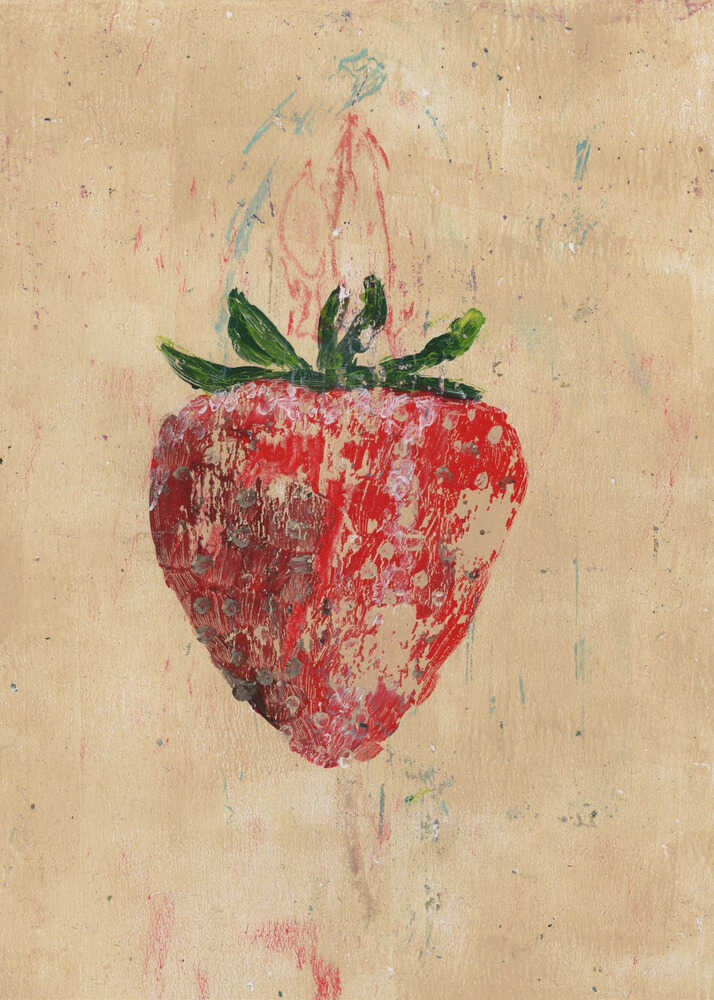Textured strawberry painting poster with a textured painterly illustration of a single red strawberry on a beige background