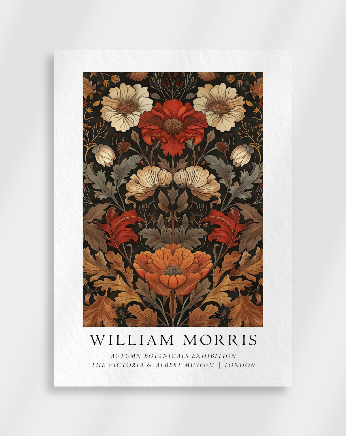 Timeless botanical autumn wall art with warm toned leaves by William Morris