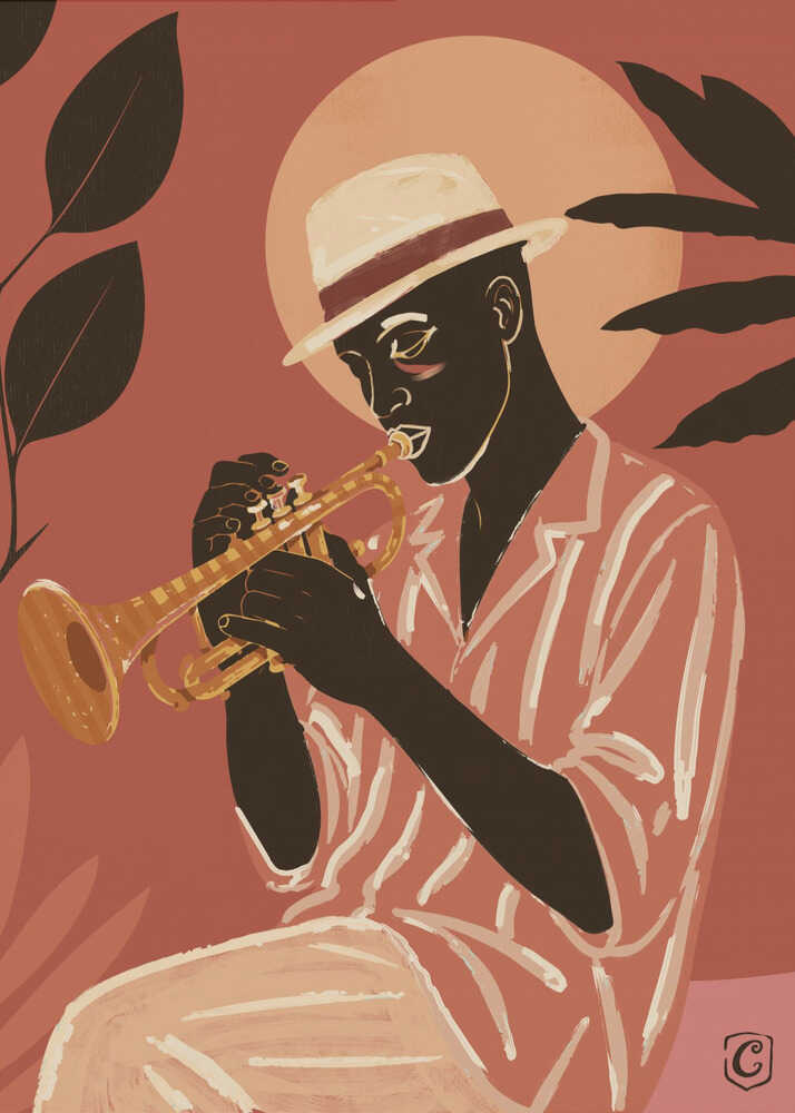 Trumpet player illustration poster with a stylized graphic of a man in a hat playing a trumpet against a circle and tropical leaves