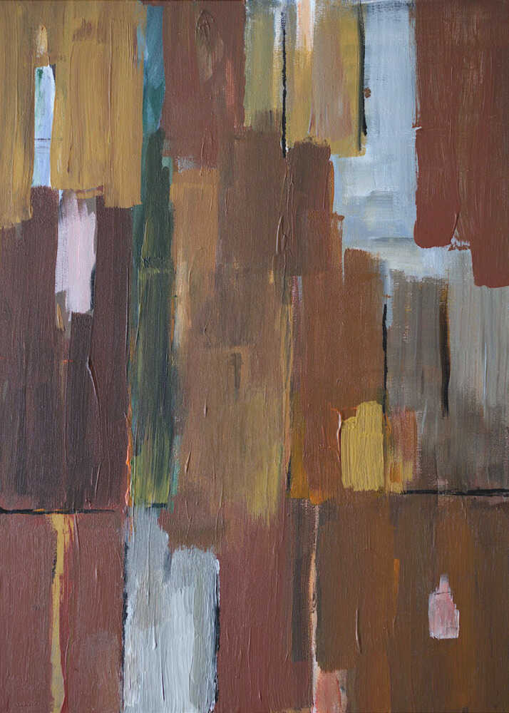 Vertical brushstrokes cityscape poster with an abstract painting of vertical strokes in brown, yellow and gray tones