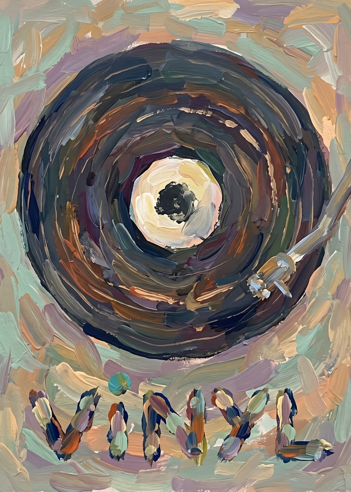 Vinyl record painting poster with a colorful abstract painting of a vinyl record on a turntable