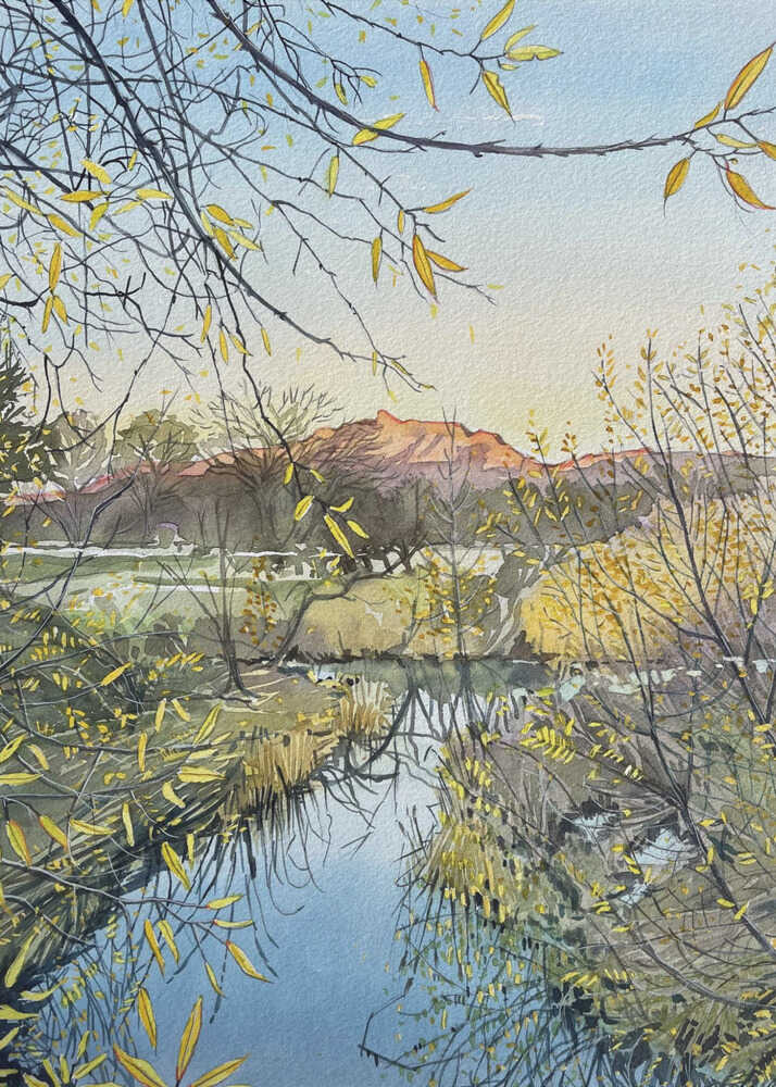Watercolor autumn stream landscape poster with a watercolor autumn landscape of a stream with yellow-leaved trees and distant mountains