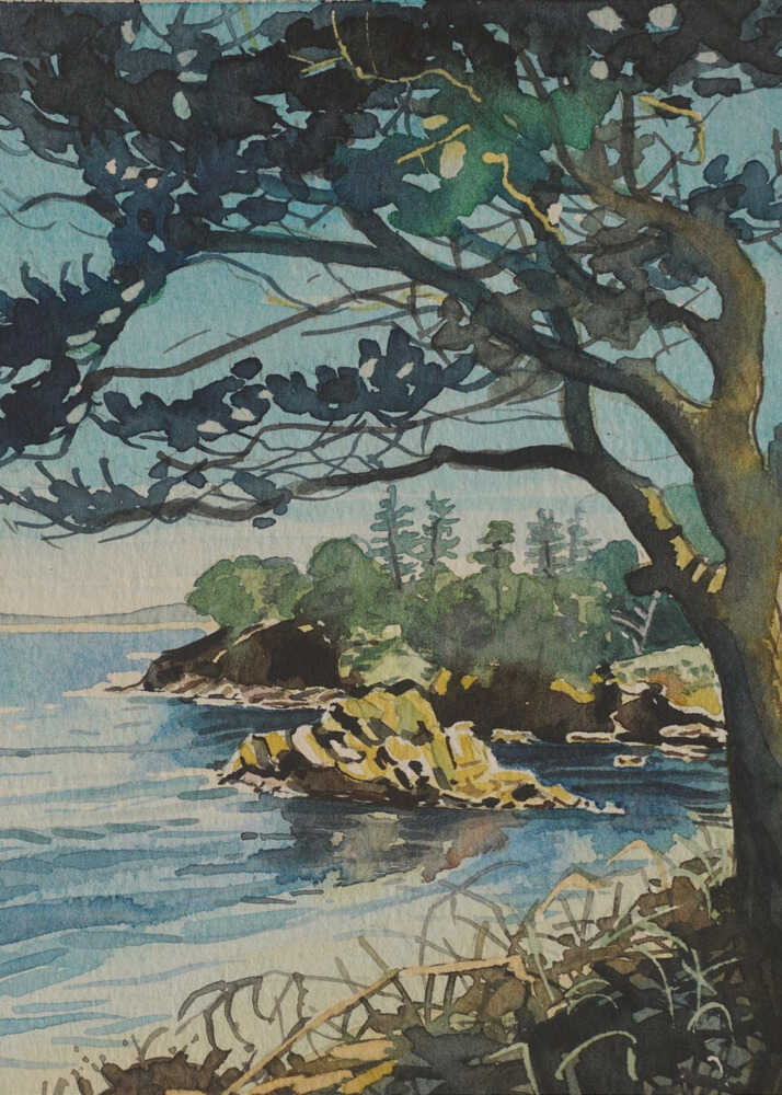 Watercolor coastal pine landscape poster with a watercolor coastal landscape of rocky shoreline with pine trees and blue water