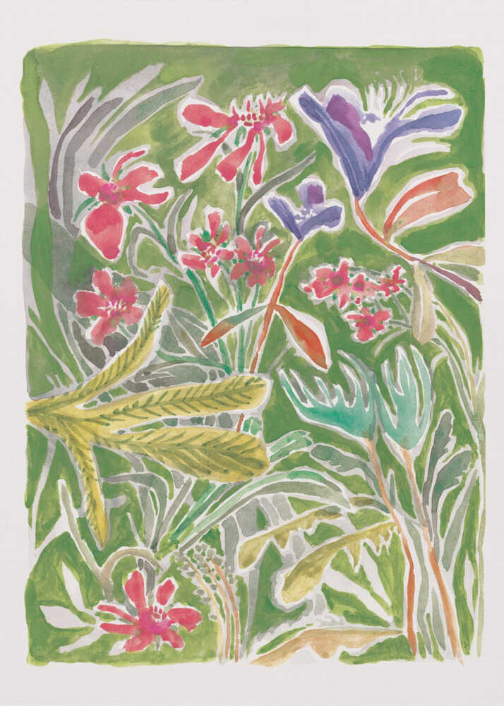 Watercolor colorful flowers poster with a loose watercolor illustration of pink purple and red flowers with green foliage