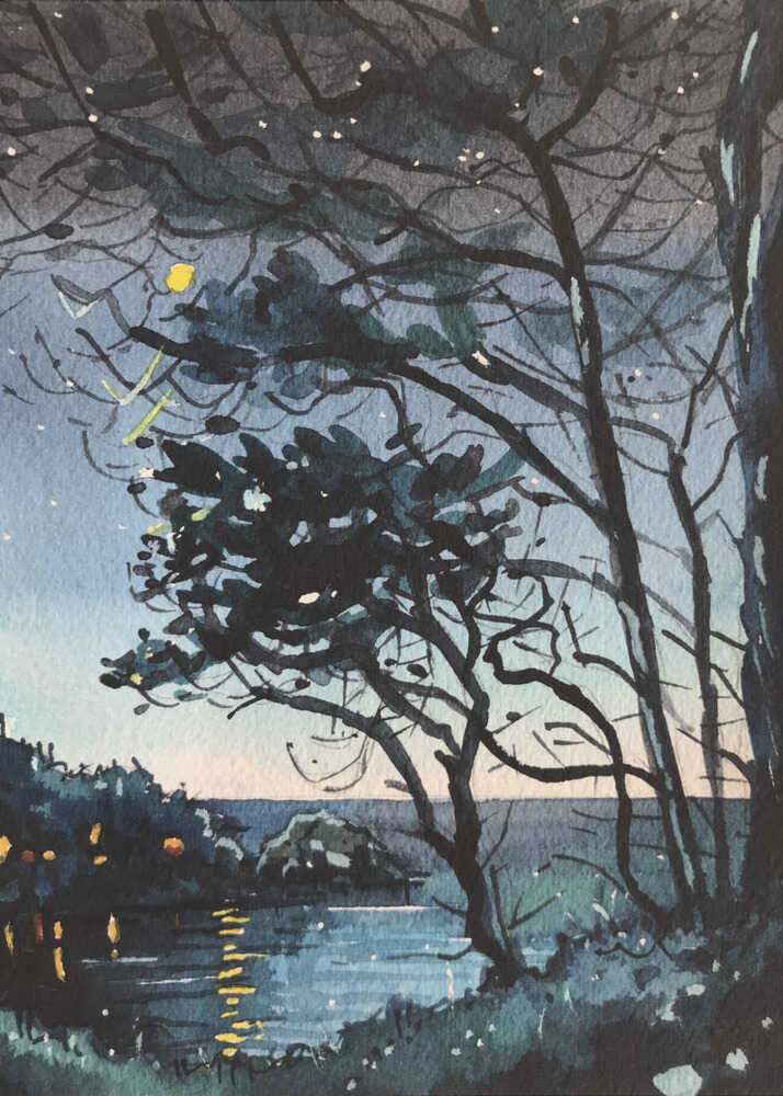 Watercolor night landscape trees poster with a watercolor night landscape of dark trees against twilight sky and water reflections