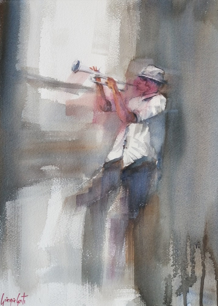 Watercolor trumpet player poster with a loose watercolor painting of a musician in a hat playing trumpet in muted tones