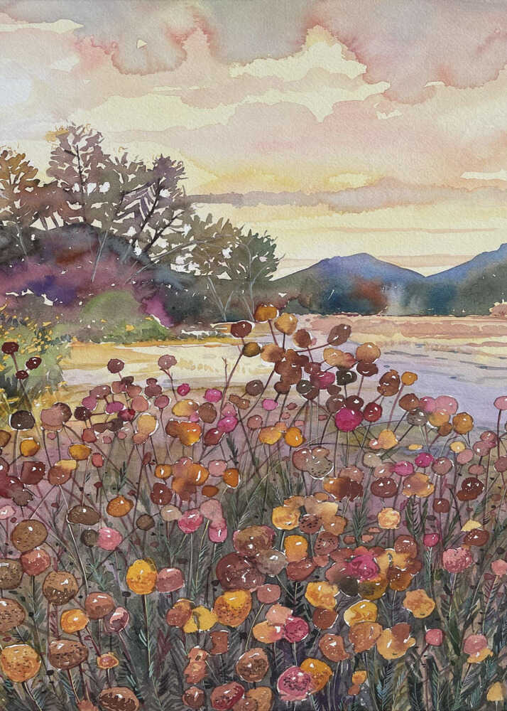 Watercolor wildflower field mountains poster with a watercolor landscape of a field of colorful wildflowers and distant mountains
