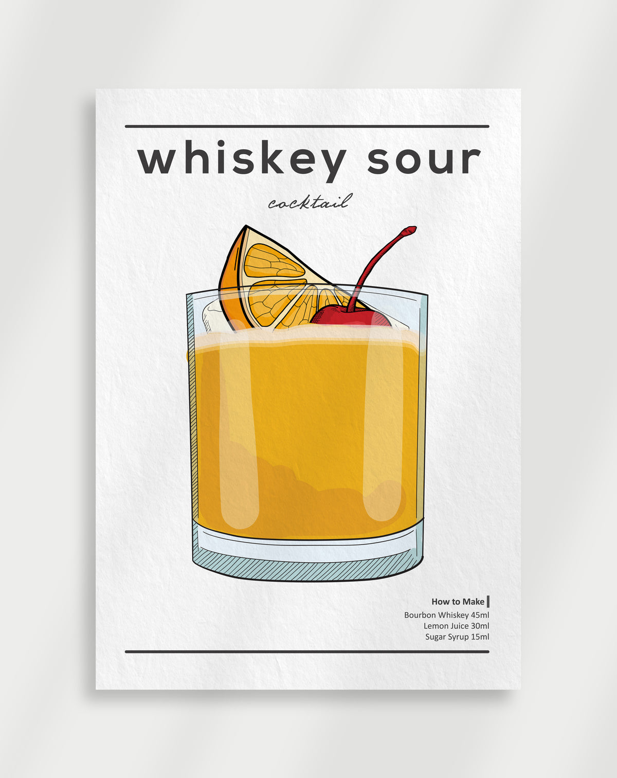 Whiskey sour illustration poster with a line drawing of a whiskey sour cocktail in a glass with an orange slice and cherry