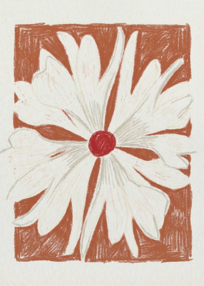 White flower red center terracotta poster with a textured illustration of a large white daisy with a red center on a terracotta background