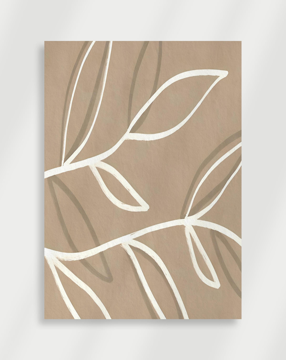 White leaf lines beige poster with a minimalist abstract composition of white leaf-like line shapes on a beige background