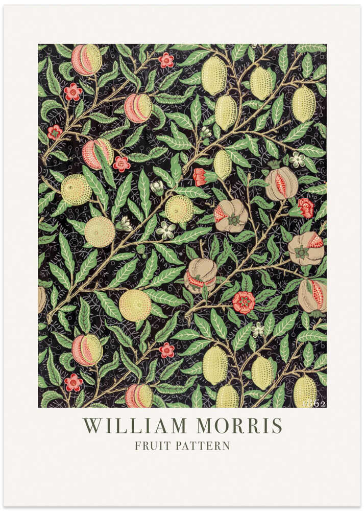 William Morris fruit pattern poster with a William Morris fruit pattern of green leaves fruits and red flowers labeled William Morris Fruit Pattern