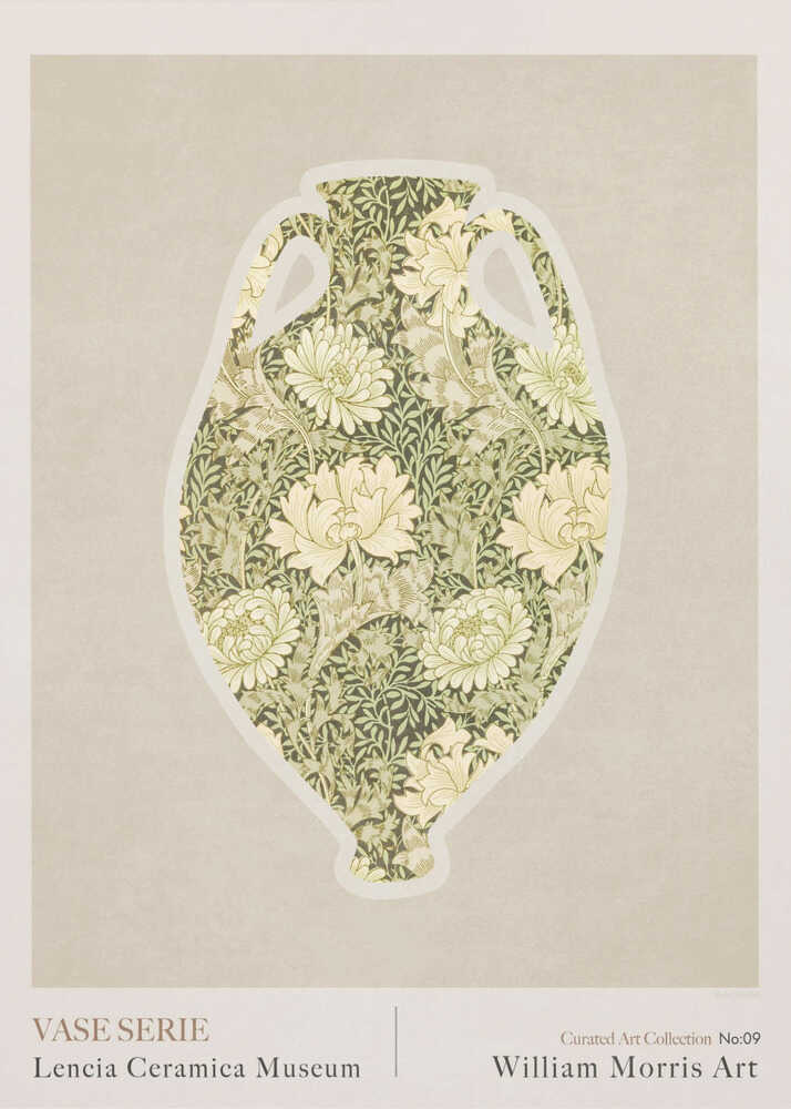 William Morris green floral vase serie poster with a graphic of a vase silhouette filled with green and cream floral pattern labeled William Morris Art
