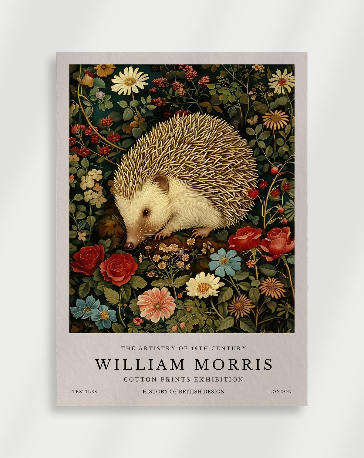 William Morris cotton prints exhibition poster with a hedgehog among roses and daisies
