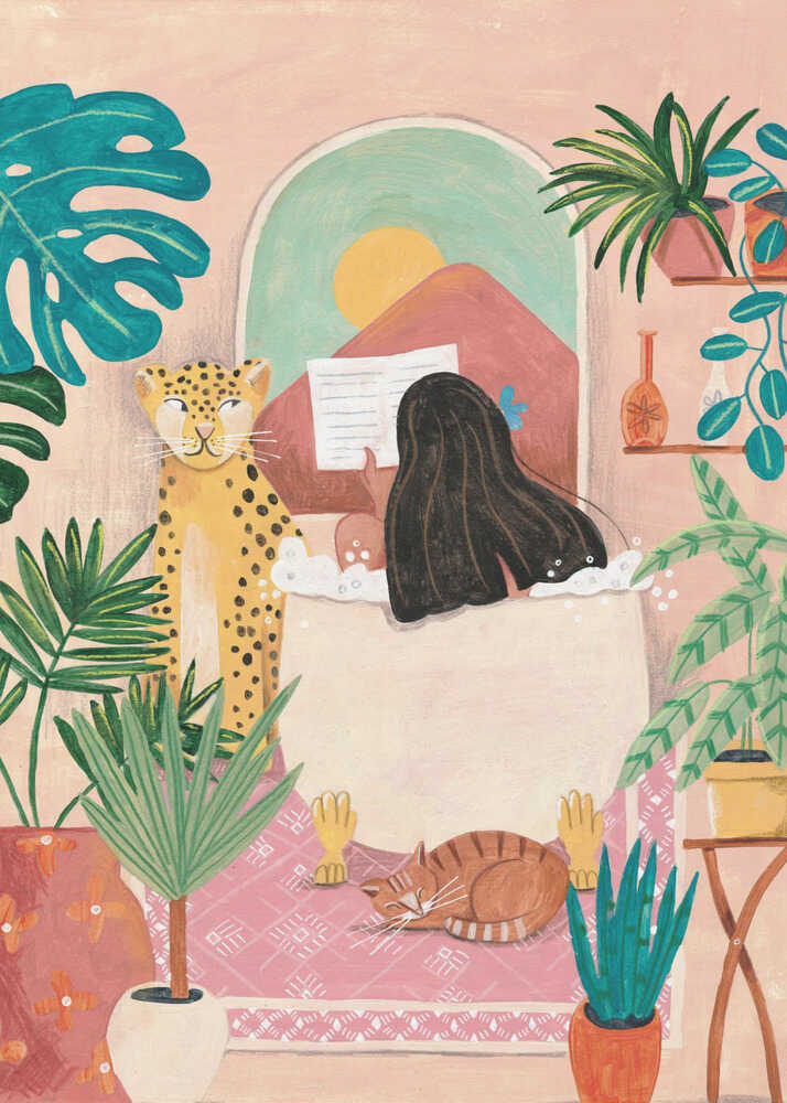 Woman bathtub leopard poster with a whimsical illustration of a woman reading in a bathtub next to a standing leopard and plants