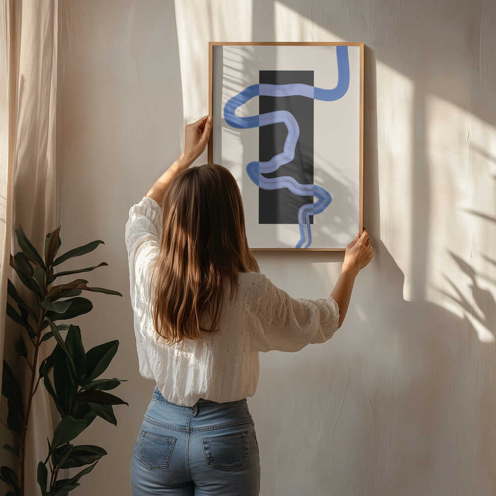 Poster mit fließenden blauen Linien im Rechteck