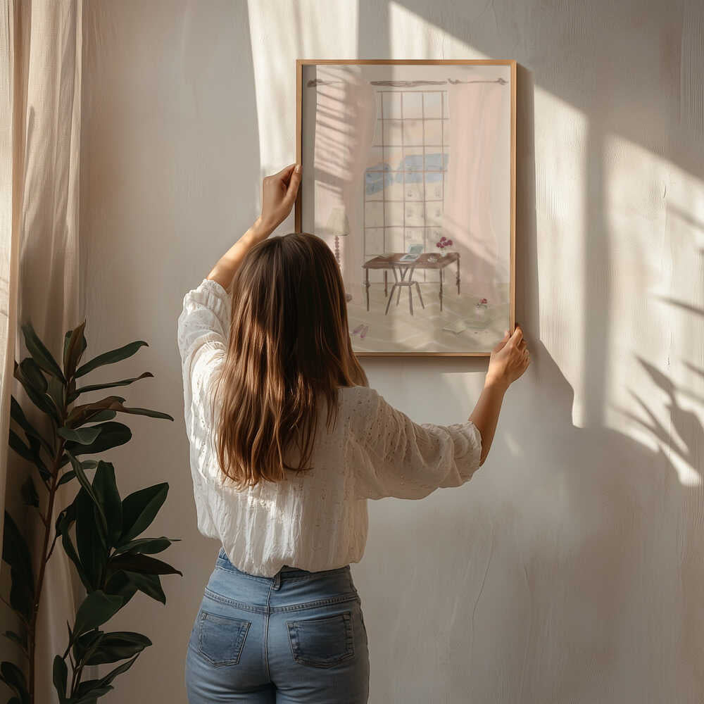 Paris Window View Illustration with Rustic Desk Poster
