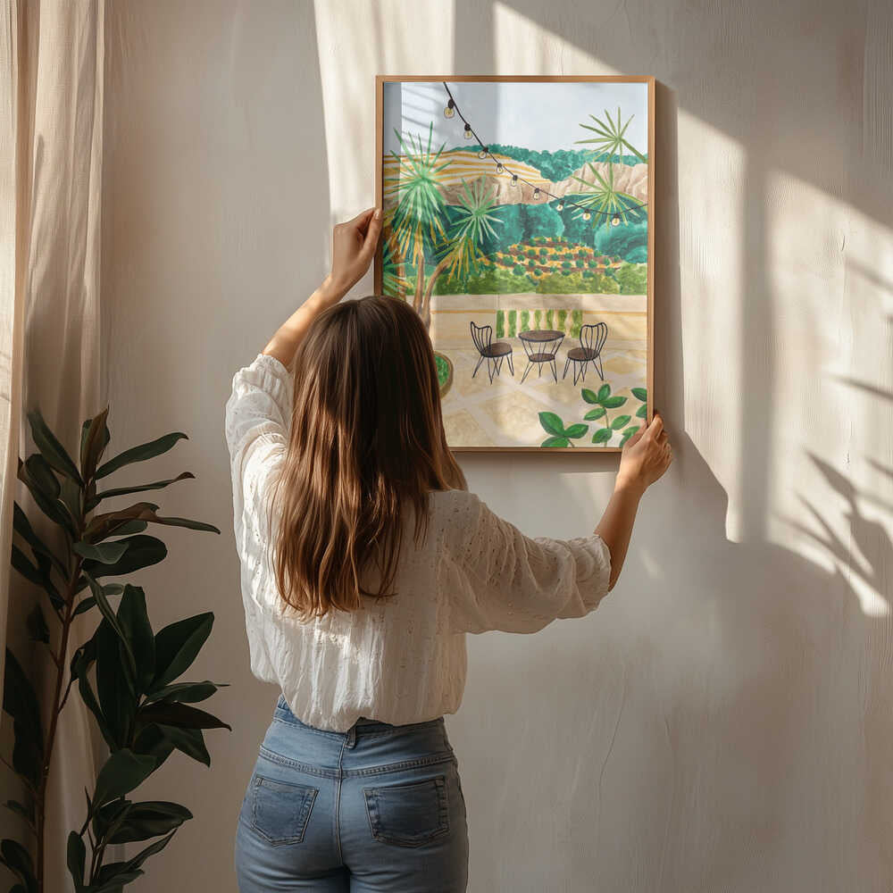 Poster mit üppigem Blick auf eine Terrasse