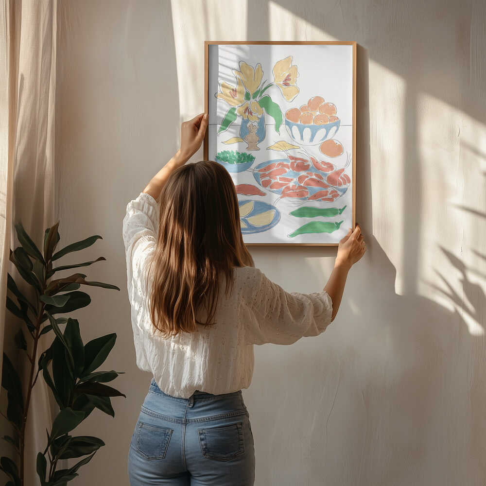 Poster mit frischen Blumen und Festmahl