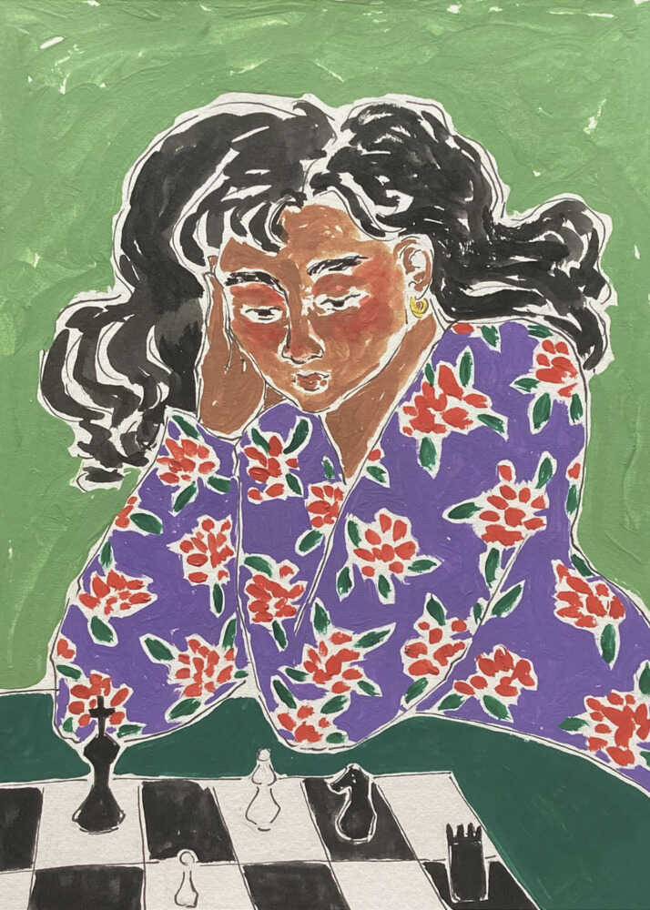 Woman playing chess illustration poster with a stylized illustration of a woman in a purple floral top resting her head while looking at a chessboard