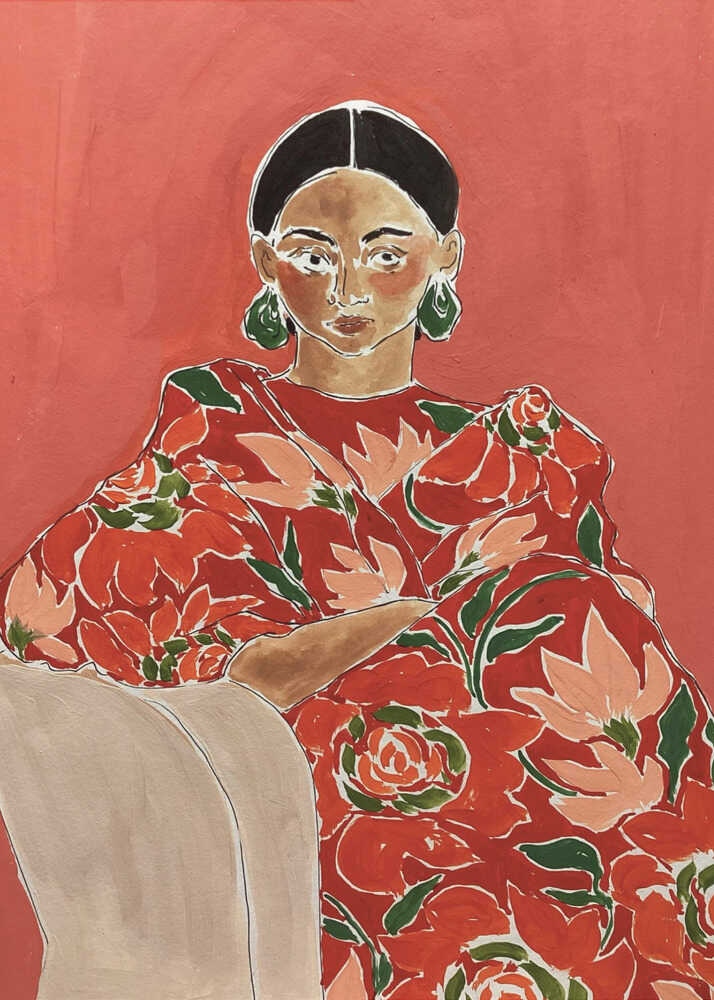 Woman red floral dress poster with a painting of a woman in a red floral dress against a red background