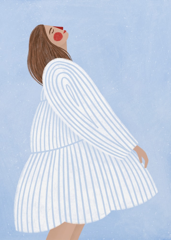 Woman striped dress poster with a stylized illustration of a woman in a white and blue striped dress