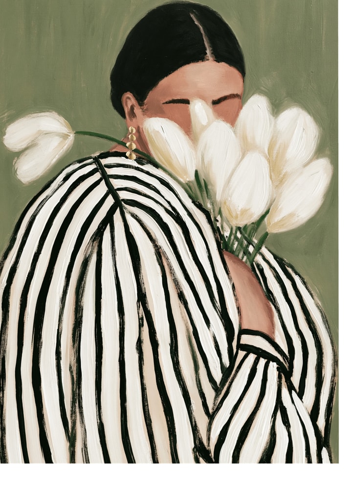 Woman white tulips poster with a painting of a woman in a striped shirt holding white tulips over her face