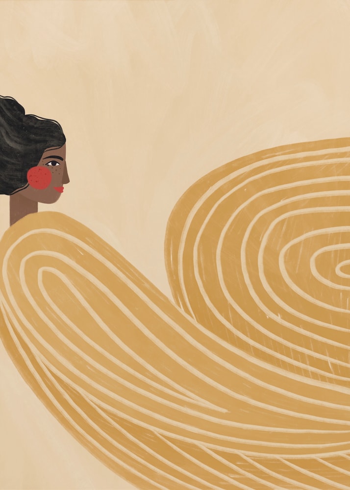Woman yellow drape poster with a stylized illustration of a woman in profile with flowing yellow patterned fabric