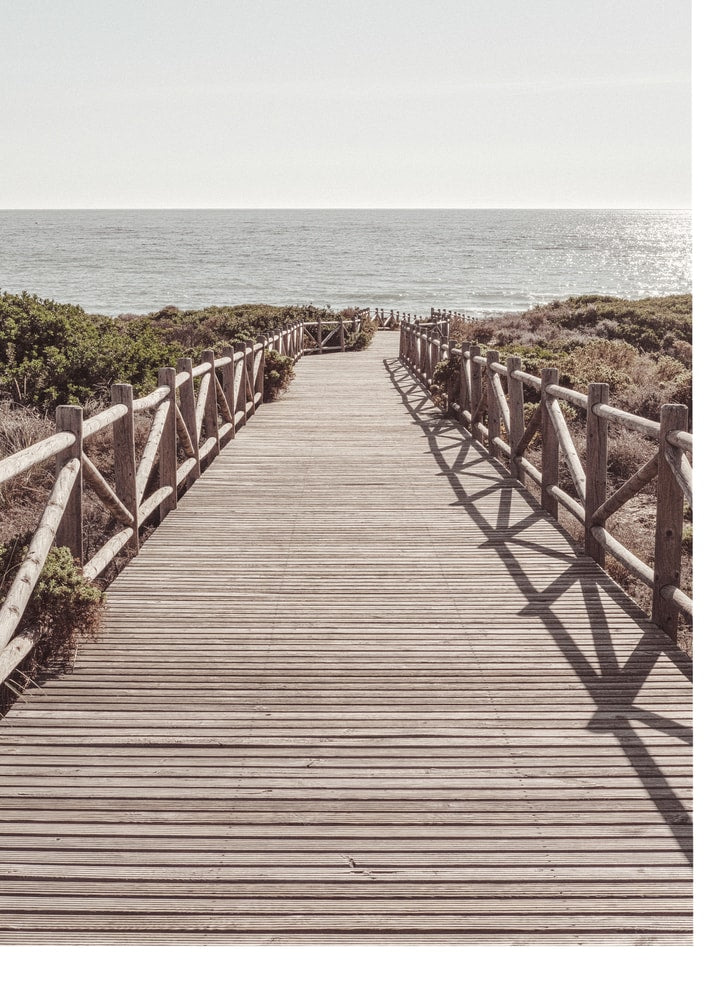 Wooden boardwalk sea poster with a wooden boardwalk leading to the sea