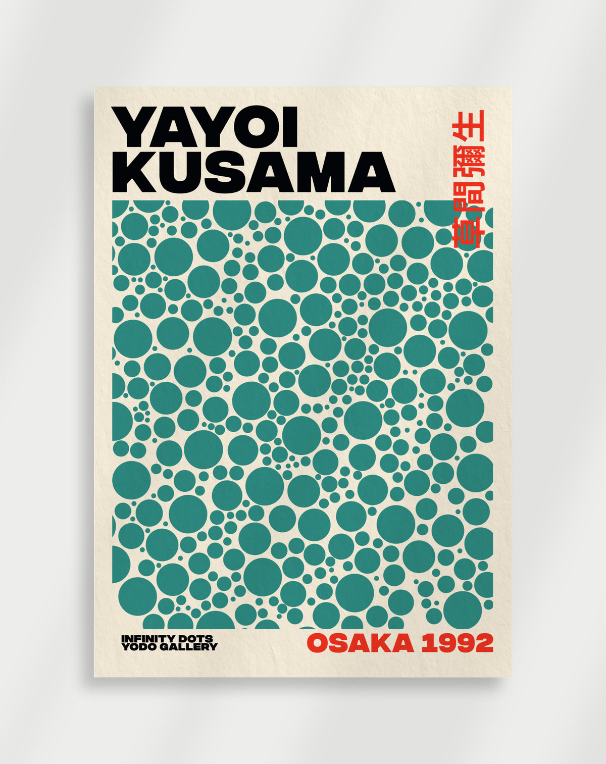 Yayoi Kusama Infinity Dots Osaka 1992 poster with teal dots on cream