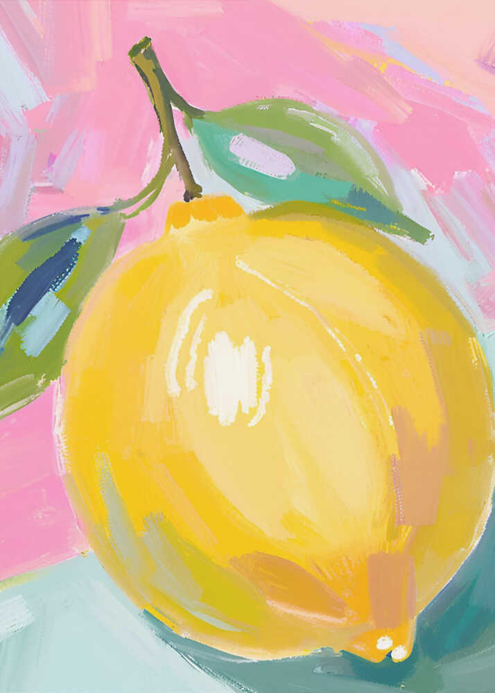 Yellow lemon painting poster with a painterly illustration of a yellow lemon with green leaves on a pink background